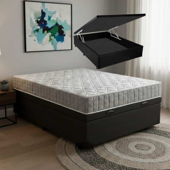 Colchão Casal Orthosono 18 cm D33 + Base Baú Corino Preto – ANJOS + BIOSTAR