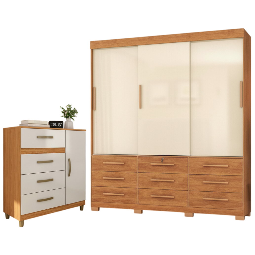 Guarda-Roupa 3 Portas Toronto RP1930 + Cômoda 4 Gavetas com Sapateira Leme CO240 Cinamomo/Off White/Cinamomo – FELLICCI - Imagem 10