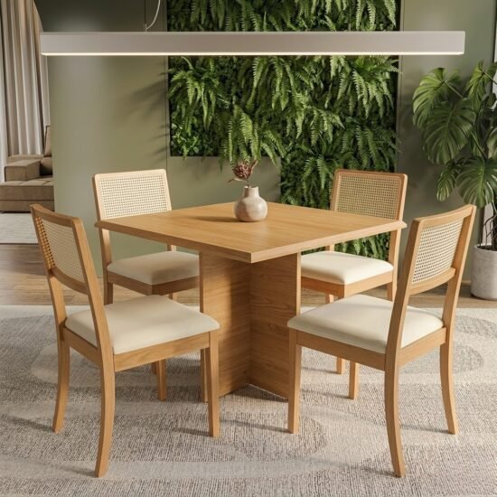Mesa Pérola 90 Imbuia Mel (Tampo Viena s/vidro) com 4 Cadeiras Lola Linho Areia A085A – CARVALHO DECOR + KAPPESBERG