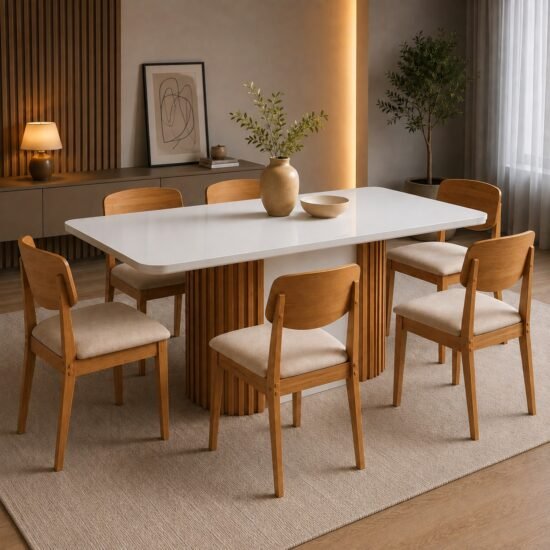 Mesa Pilar 180 Canto Copo (C/Vidro) Off White/Off White/Naturale com 6 Cadeiras Havana Veludo Creme – RUFATO