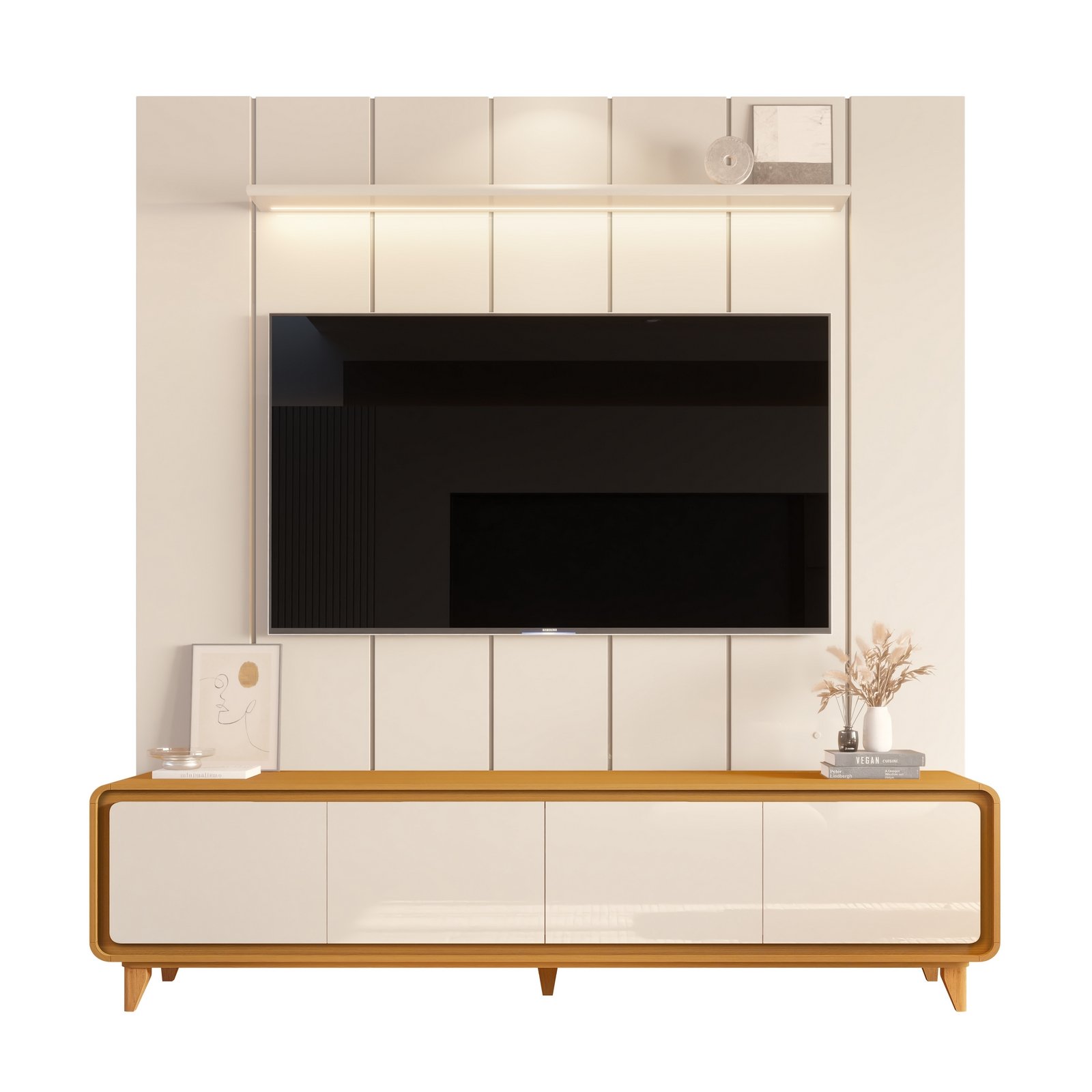Painel até 75″ Lumi 2,19 m Off White + Rack Liv 2,18 m Cedro/Off White – EDN MÓVEIS - Imagem 6