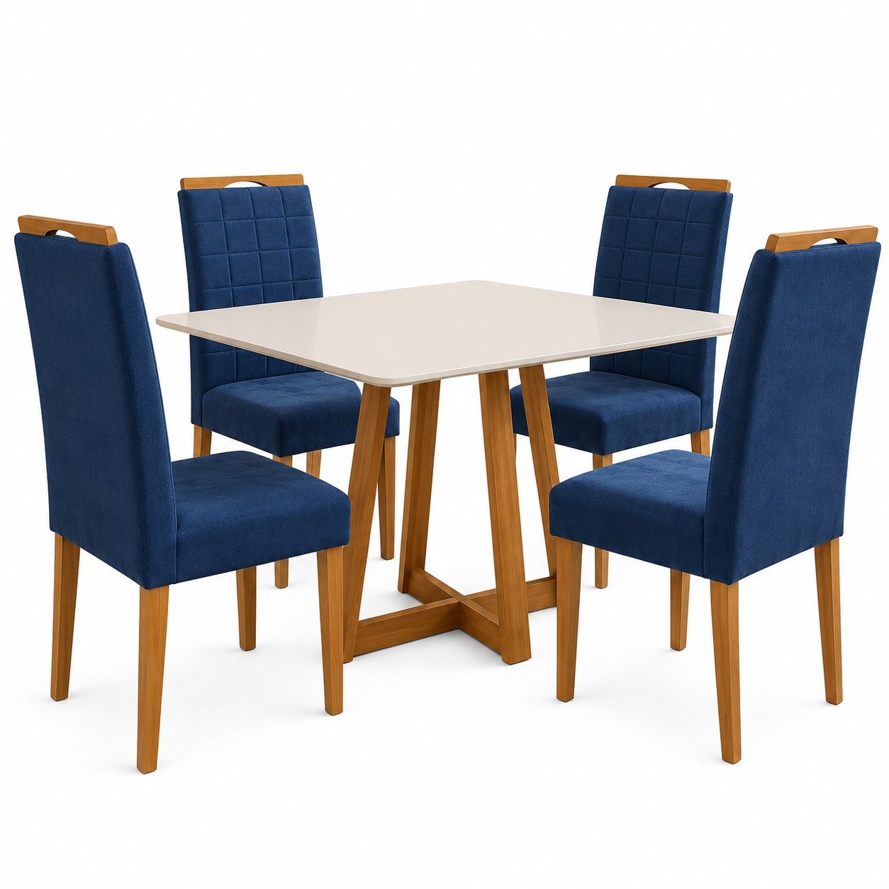 Mesa Maria 120 Imbuia/Off White com 4 Cadeiras Quartzo/Safira Veludo Azul – A&A CONCEITO + KM DECOR - Imagem 3