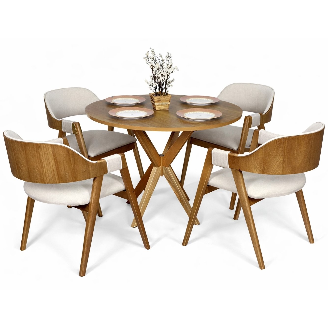 Mesa Redonda Simpatia 108 Cinamomo com 4 Cadeiras Pérola Linho Areia – JCM MOVELARIA + WJ DECOR - Imagem 2