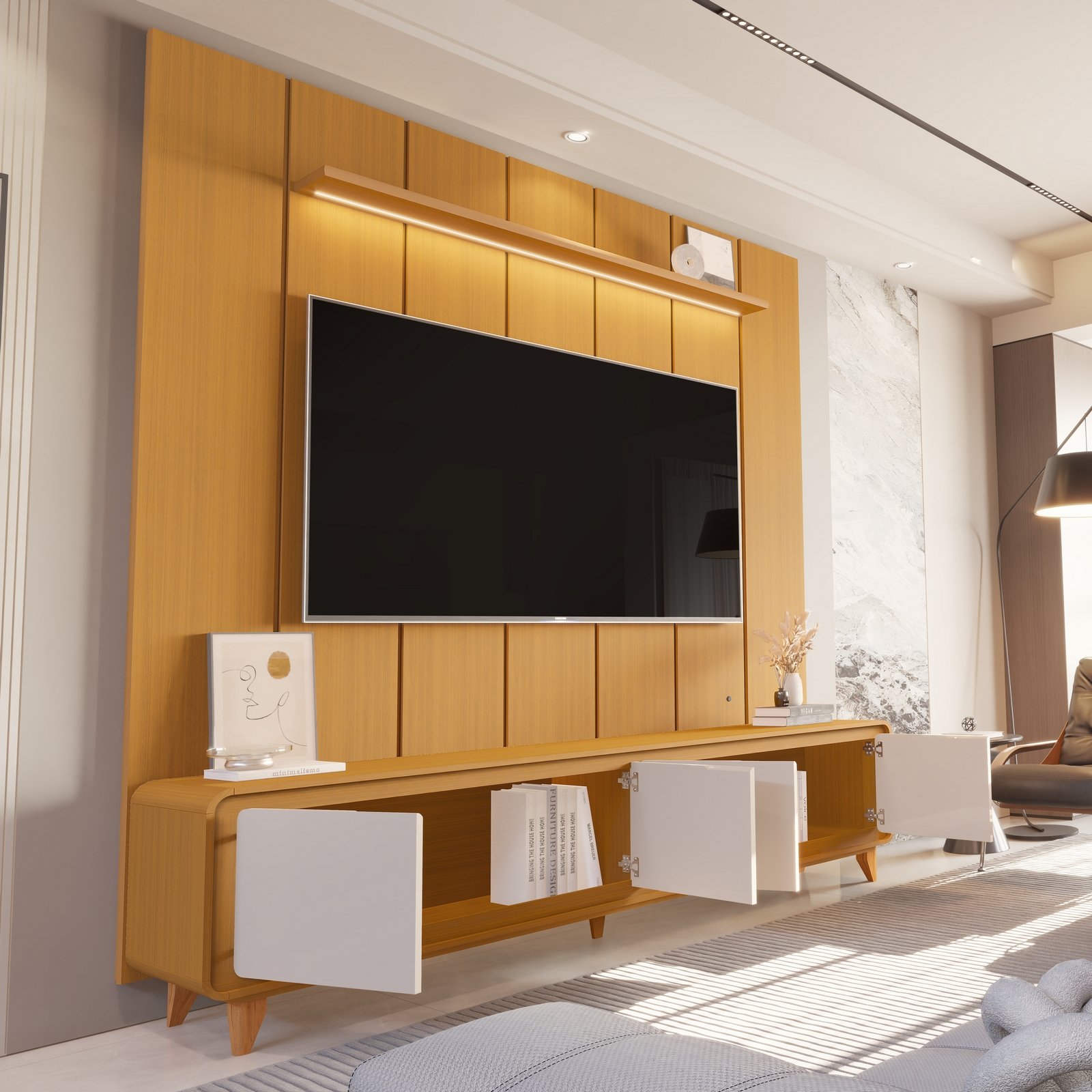 Painel até 75″ Lumi 2,19 m Cedro + Rack Liv 2,18 m Cedro/Off White – EDN MÓVEIS - Imagem 2