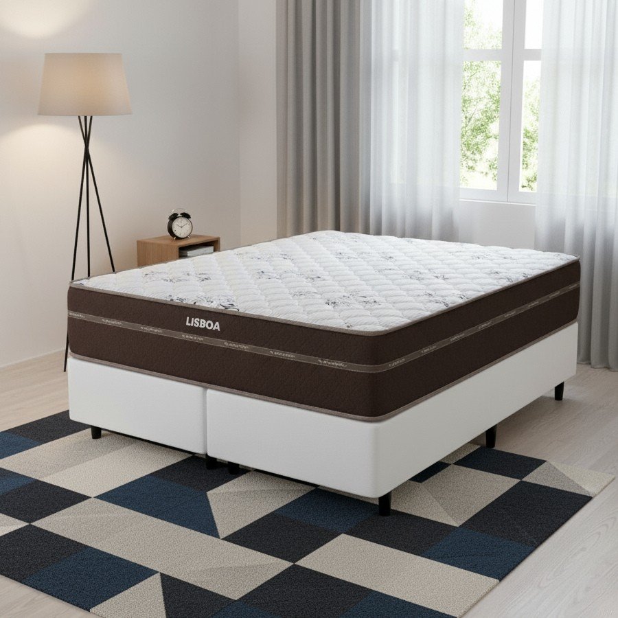 Colchão Queen Lisboa 24 cm D28 Molas Ensacadas + Base Simples Corino Branco – ECOTEC + BIOSTAR