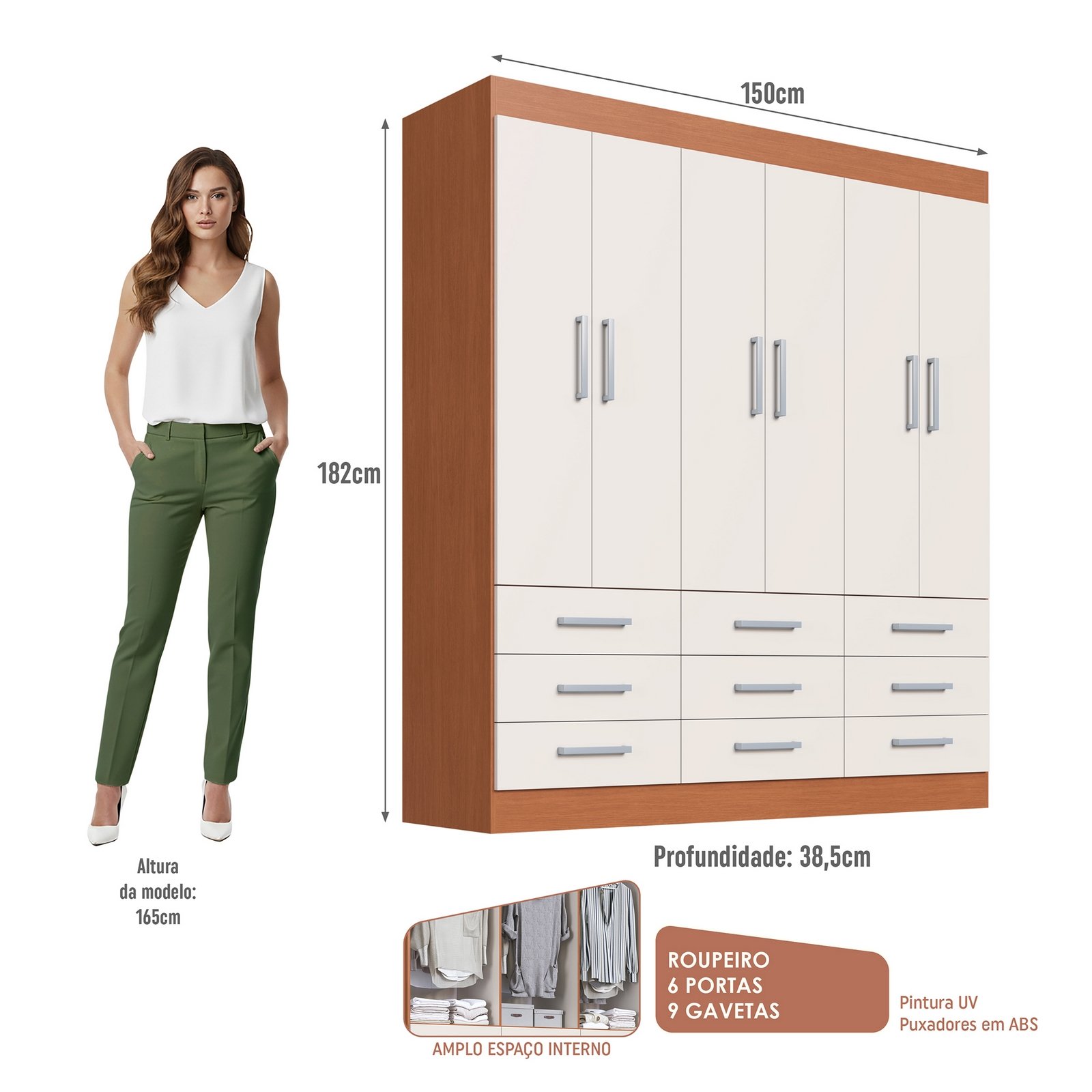 Guarda-Roupa 6 Portas Milão 1,50 m Cinamomo/Areia - MÓVEIS CADORIN - Imagem 3