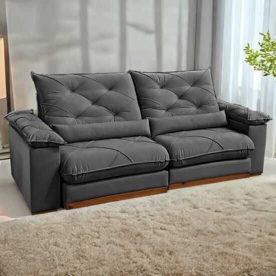 Sofá Retrátil e Reclinável Gran Paladium (Pillow) 2,50 m Veludo Cinza - IMPÉRIO DECOR