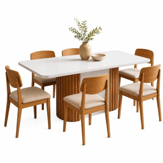 Alternative view of Mesa Pilar 180 Canto Copo (C/Vidro) Off White/Off White/Naturale com 6 Cadeiras Havana Veludo Creme – RUFATO