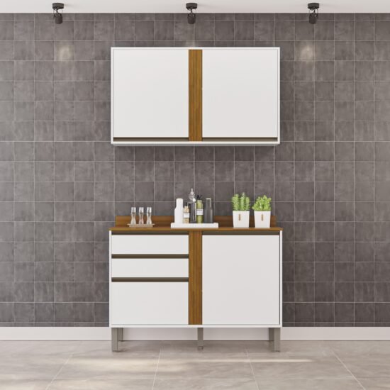 Armário Aéreo 2 Portas + Balcão Pérola 1,20 m Branco/Cinamomo – SALLÊTO