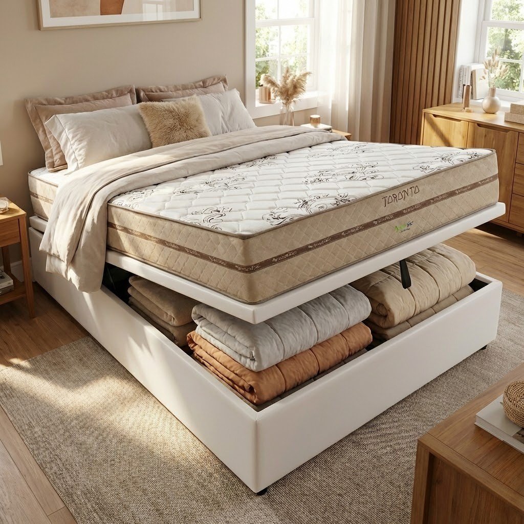 Colchão Casal Toronto 30 cm D28 Molas Ensacadas + Base Baú Corino Branco – ECOTEC + ALTO NÍVEL