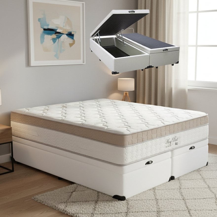 Colchão Queen King Best 28 cm D28 Molas Ensacadas + Base Baú Corino Branco – ANJOS + BIOSTAR