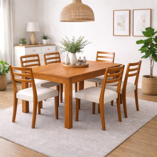 Mesa Athenas 180 Amêndoa Clean com 6 Cadeiras Turquia Mel/Linho Palha 311A – LOPAS + HR MOVELARIA