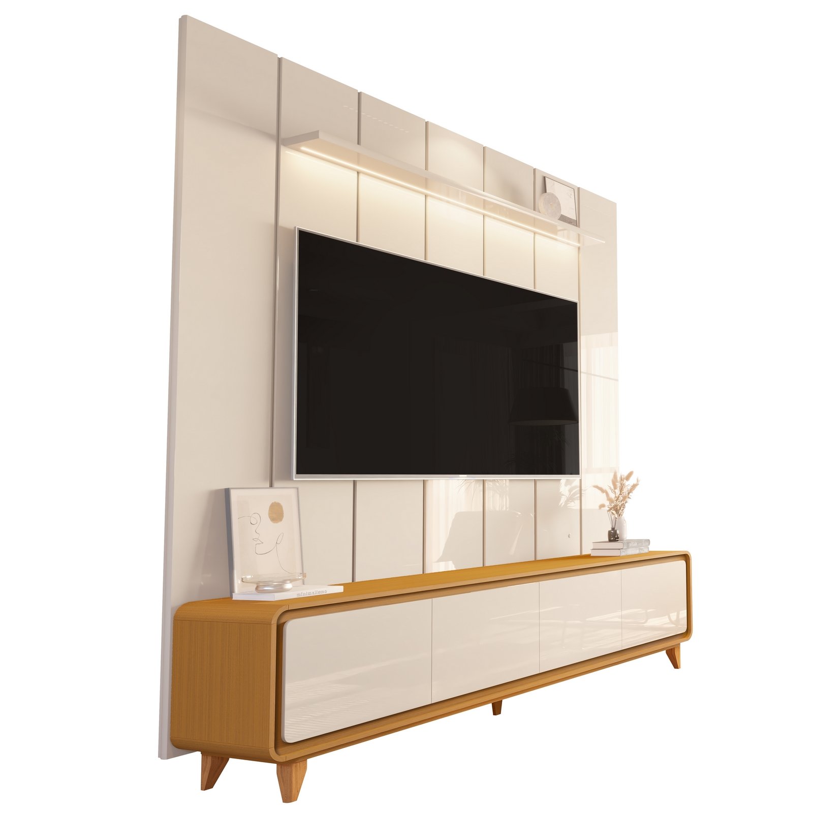 Painel até 75″ Lumi 2,19 m Off White + Rack Liv 2,18 m Cedro/Off White – EDN MÓVEIS - Imagem 4