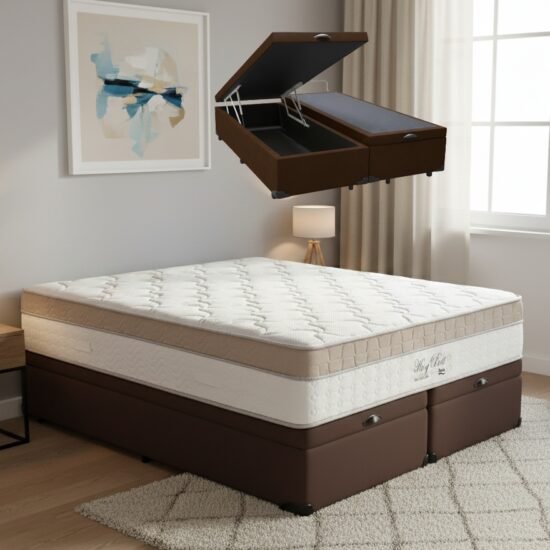 Colchão Queen King Best 28 cm D28 Molas Ensacadas + Base Baú Corino Marrom – ANJOS + BIOSTAR