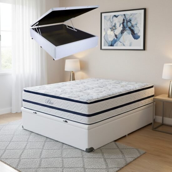 Colchão Casal Blue 32 cm H33 Molas Ensacadas + Base Baú Corino Branco – PAROPAS + ALTO NÍVEL