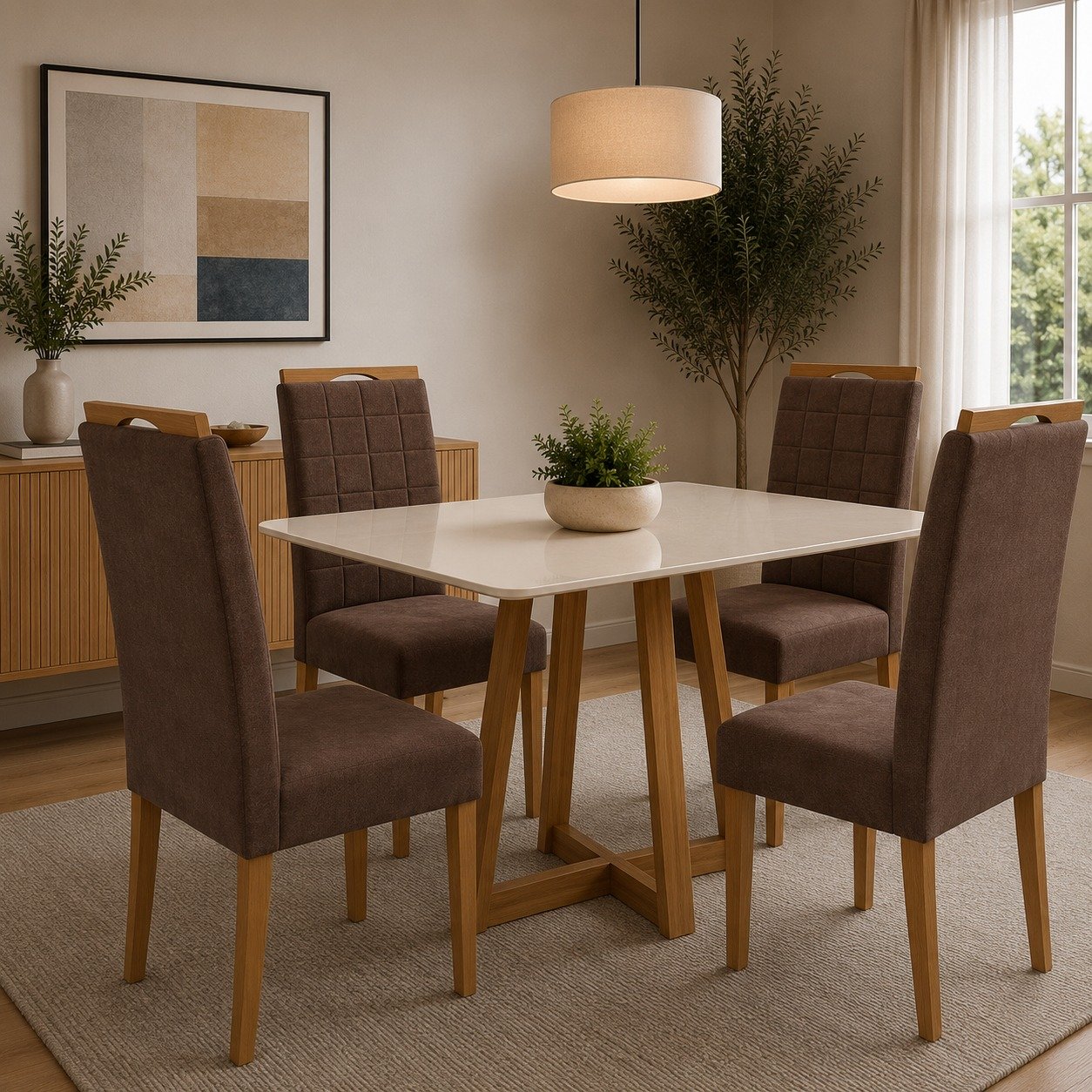 Mesa Maria 120 Imbuia/Off White com 4 Cadeiras Quartzo/Safira Veludo Marrom – A&A CONCEITO + KM DECOR