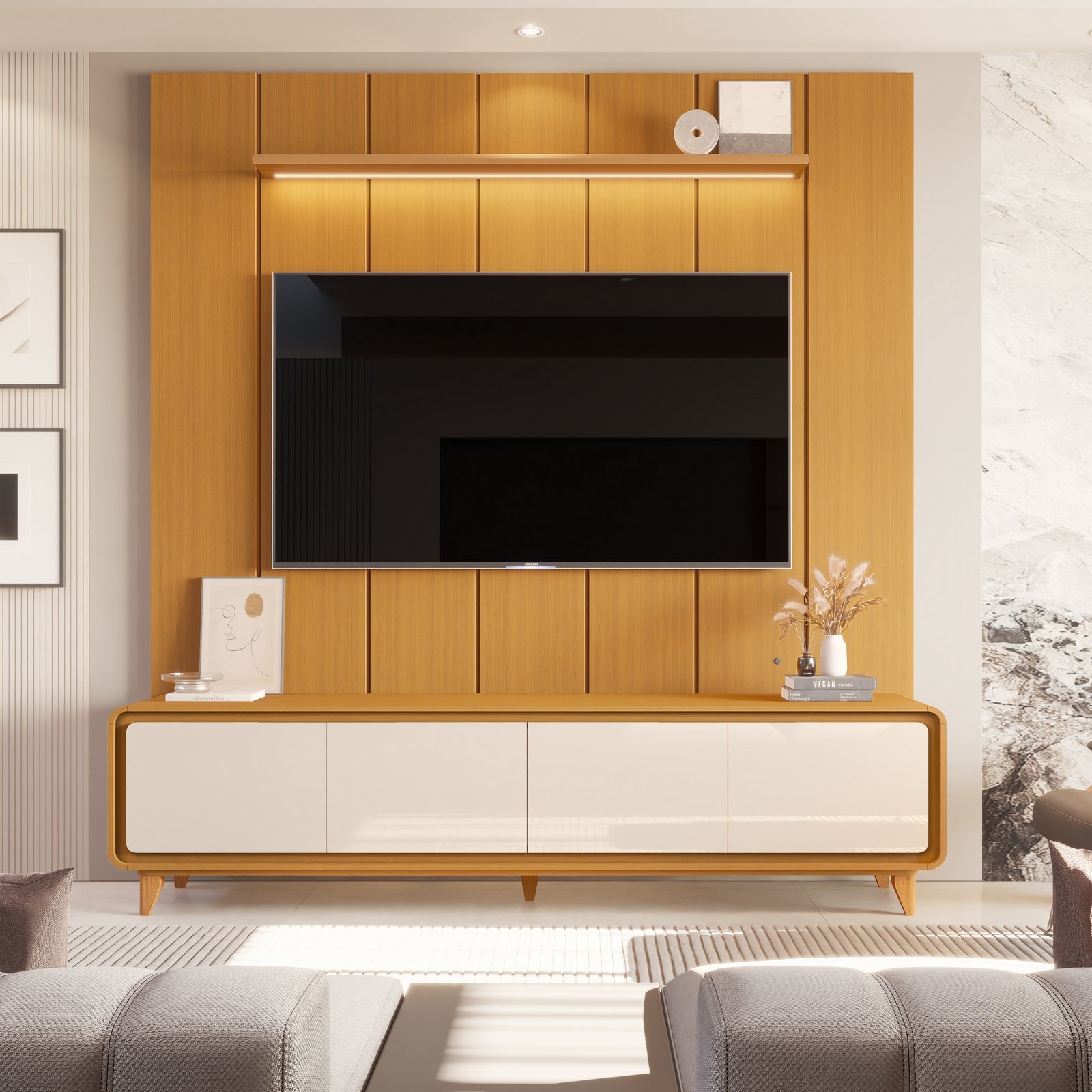 Painel até 75″ Lumi 2,19 m Cedro + Rack Liv 2,18 m Cedro/Off White – EDN MÓVEIS - Imagem 3