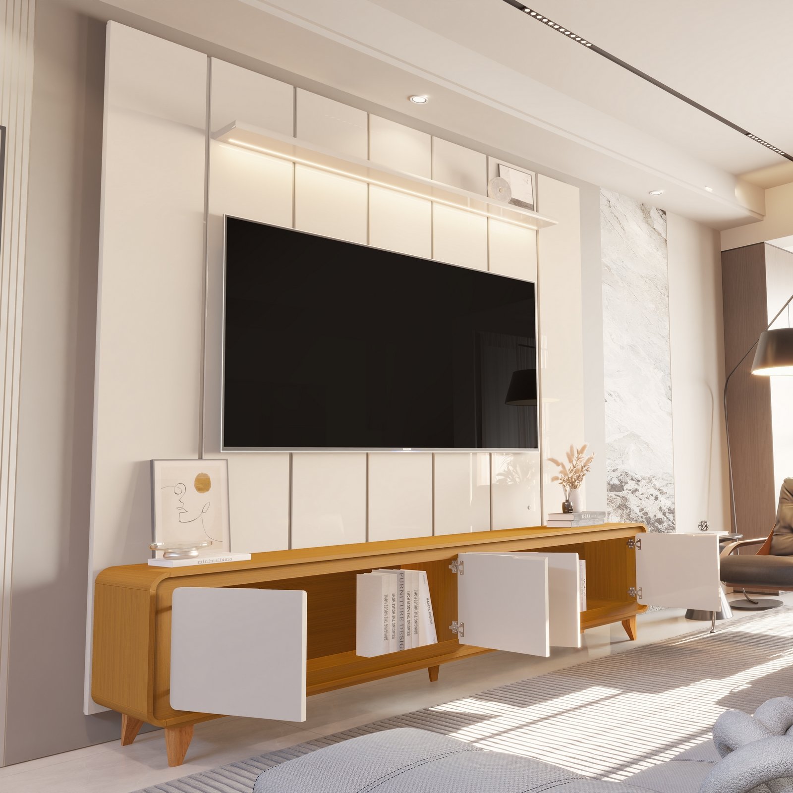Painel até 75″ Lumi 2,19 m Off White + Rack Liv 2,18 m Cedro/Off White – EDN MÓVEIS - Imagem 2