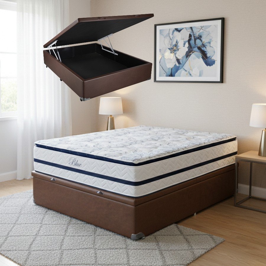 Colchão Casal Blue 32 cm H33 Molas Ensacadas + Base Baú Corino Marrom – PAROPAS + ALTO NÍVEL