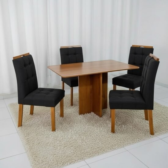 Mesa Salinas 120 (Tampo Londres s/ vidro) Cinamomo com 4 Cadeiras Sophia Veludo Preto – CEL MÓVEIS + WM DECOR