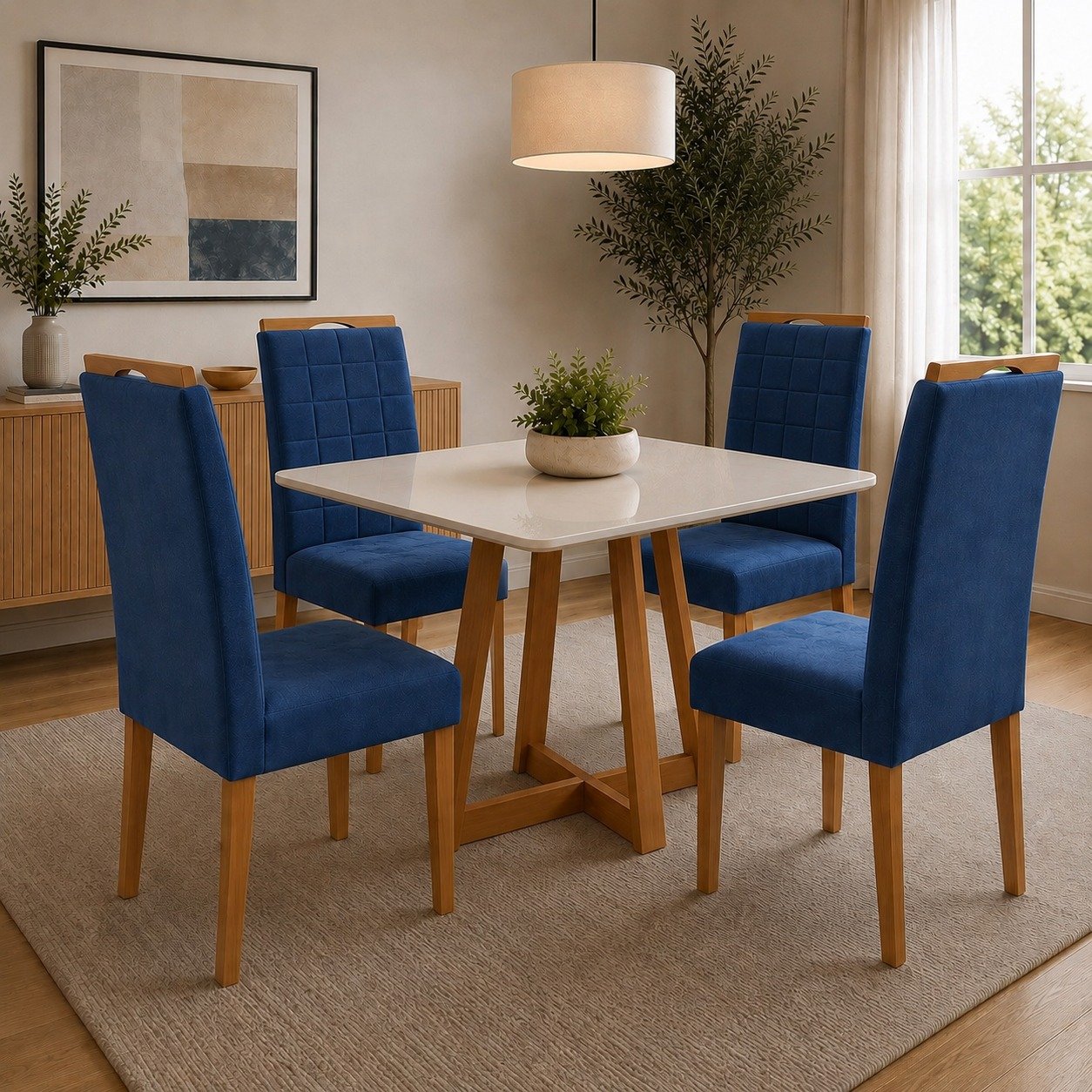 Mesa Maria 90 Imbuia/Off White com 4 Cadeiras Quartzo/Safira Veludo Azul – A&A CONCEITO + KM DECOR