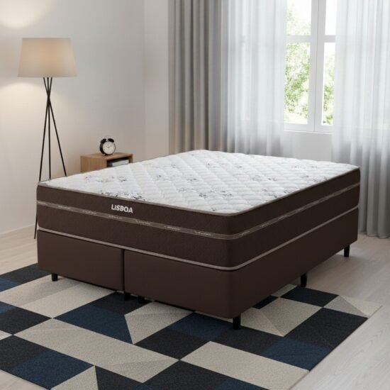 Colchão Queen Lisboa 24 cm D28 Molas Ensacadas + Base Simples Corino Marrom – ECOTEC + BIOSTAR