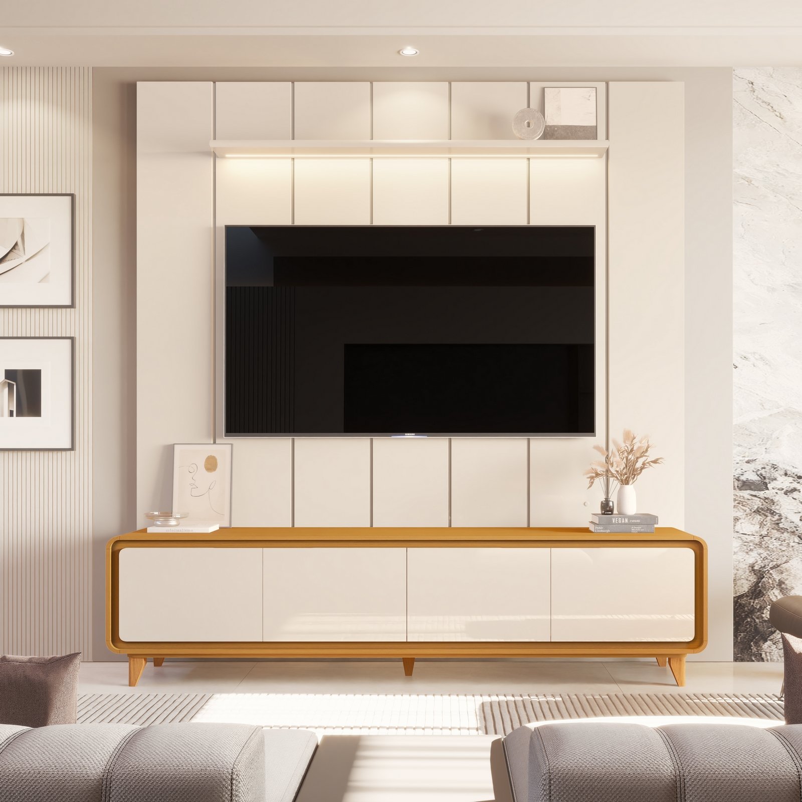 Painel até 75″ Lumi 2,19 m Off White + Rack Liv 2,18 m Cedro/Off White – EDN MÓVEIS - Imagem 3