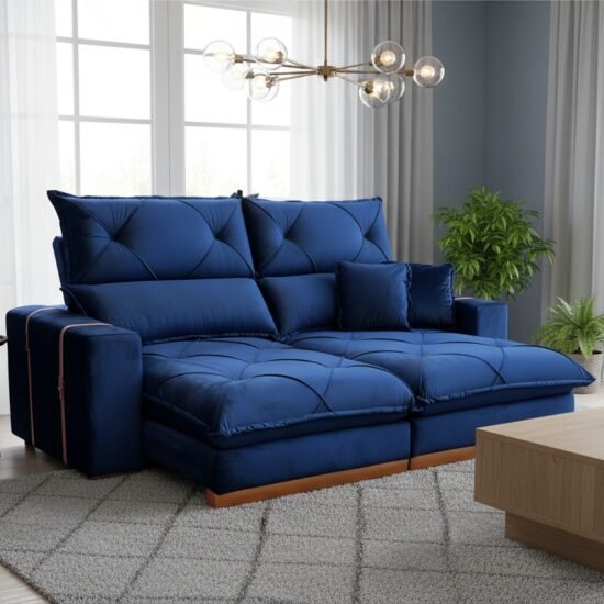 Sofá Retrátil e Reclinável Gran Bello Light 2,00 m Veludo Azul - QUINE ESTOFADOS