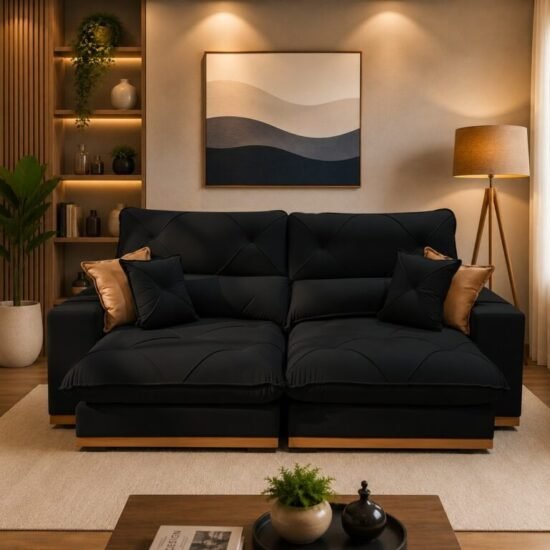 Sofá Retrátil e Reclinável Grambelo/Gran Bello 2,50 m Veludo Preto 14 – D SALA DECOR ESTOF