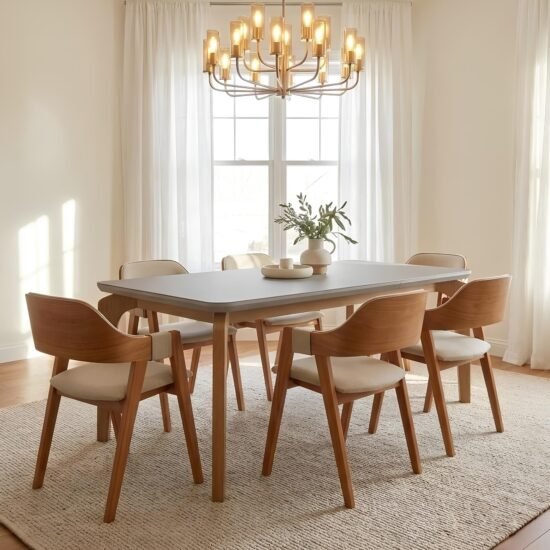 Mesa Londrina 180 Naturale/Off White com 6 Cadeiras Pérola Linho Areia– RUFATO + WJ DECOR