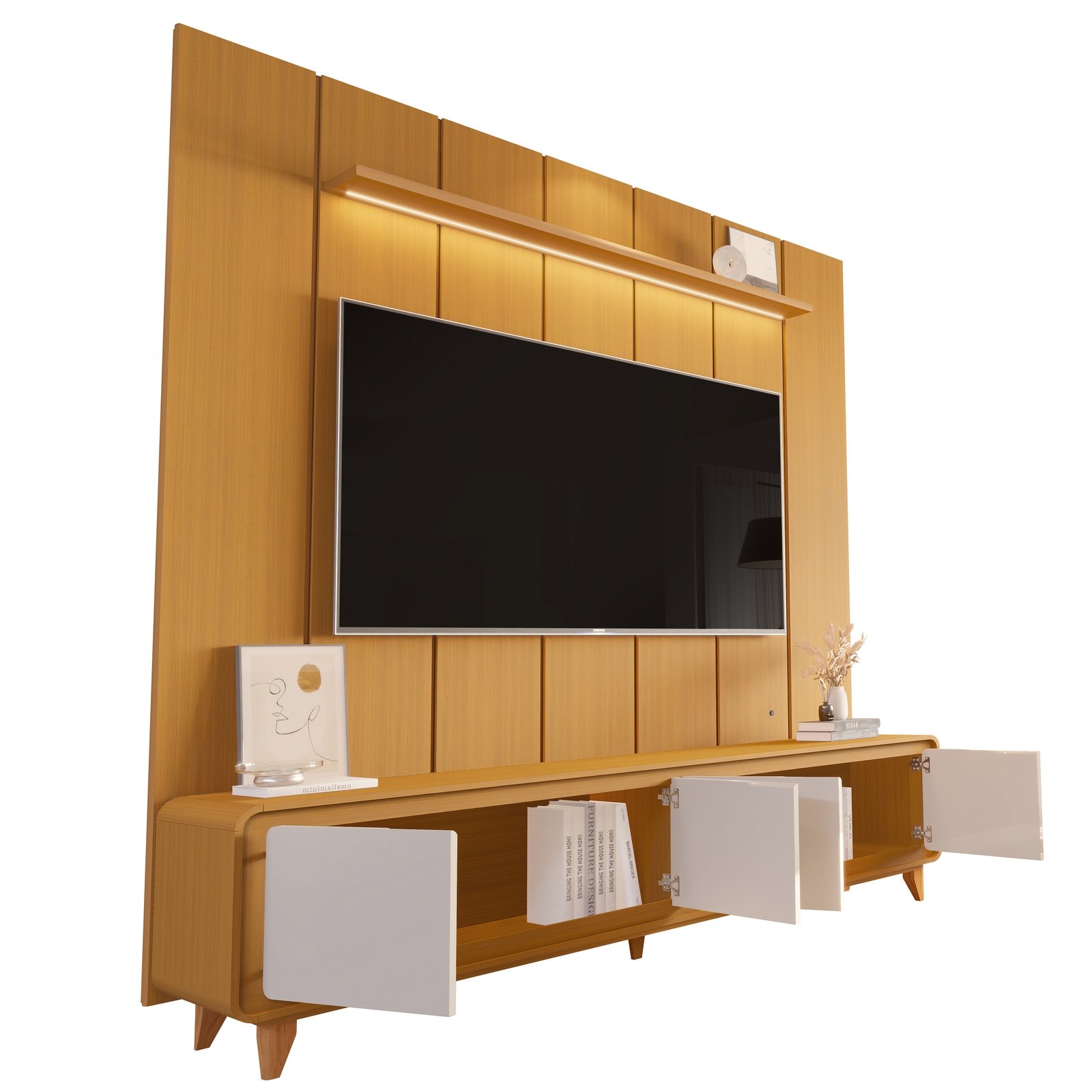 Painel até 75″ Lumi 2,19 m Cedro + Rack Liv 2,18 m Cedro/Off White – EDN MÓVEIS - Imagem 5
