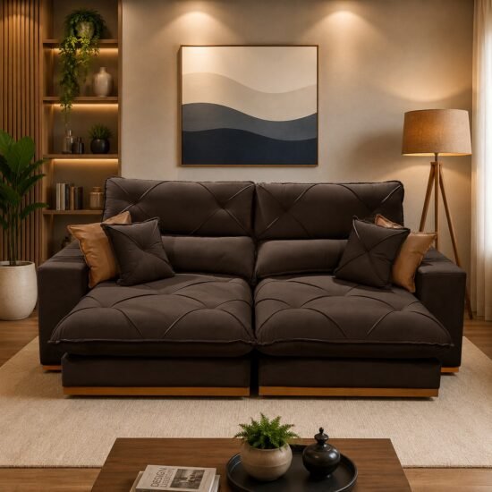 Sofá Retrátil e Reclinável Grambelo/Gran Bello 2,00 m Veludo Marrom 02 – D SALA DECOR ESTOFADOS