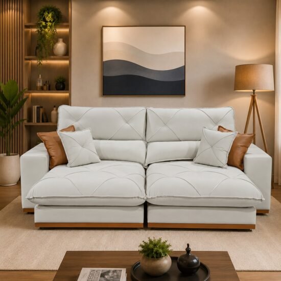 Sofá Retrátil e Reclinável Grambelo/Gran Bello 2,30 m Veludo Bege 01 – D SALA DECOR ESTOFADOS