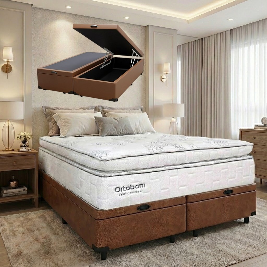 Colchão Queen New Freedom 32 cm D33 Molas Ensacadas + Base Baú Corino Marrom – ORTOBOM + BIOSTAR