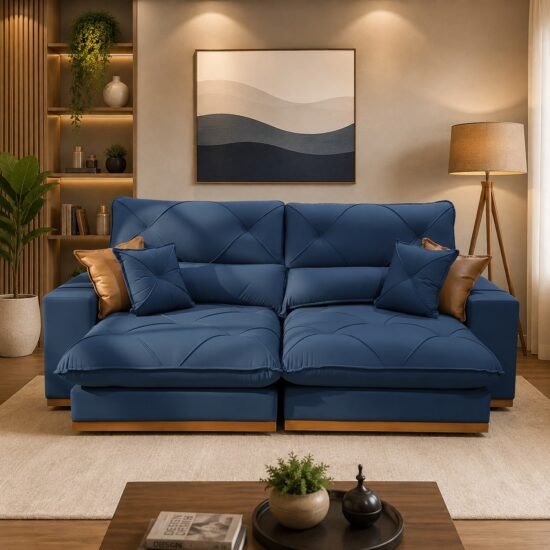 Sofá Retrátil e Reclinável Grambelo/Gran Bello 2,50 m Veludo Azul 07 – D SALA DECOR ESTOFADOS