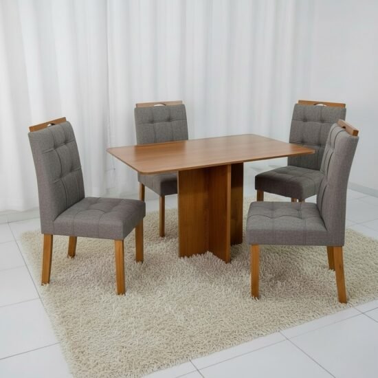 Mesa Salinas 120 (Tampo Londres s/ vidro) Cinamomo com 4 Cadeiras Sophia Veludo Cinza Grafite – CEL MÓVEIS + WM DECOR