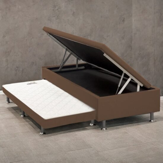 Base Box Solteiro Baú com Auxiliar Corino Marrom – ALTO NÍVEL CAMAS E COLCHÕES