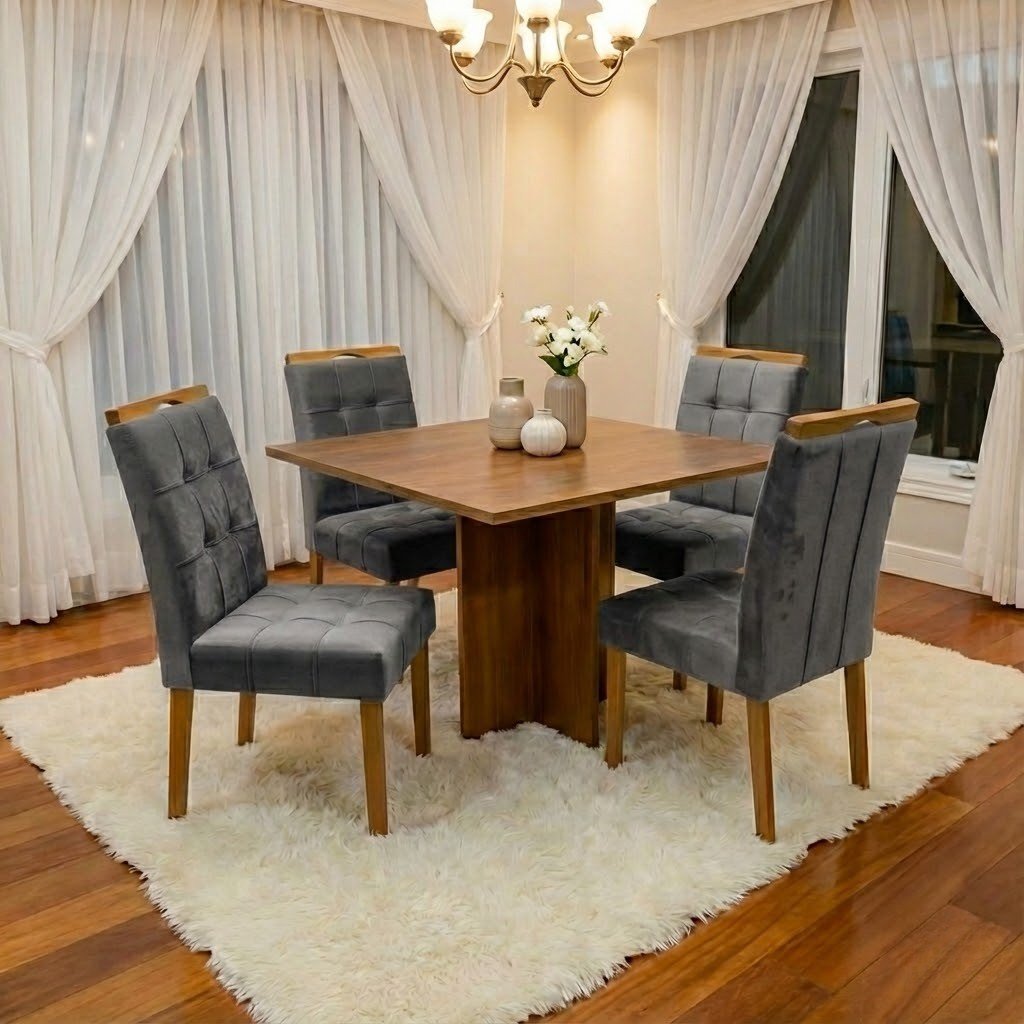Mesa Salinas 90 (Tampo Dakota s/ vidro) Cinamomo com 4 Cadeiras Sophia Veludo Cinza Grafite – CEL MÓVEIS + WM DECOR