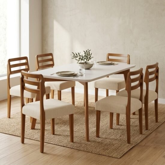 Mesa Anne 180 Mel/Off White com 6 Cadeiras Turquia Linho Palha 311A – HR MOVELARIA