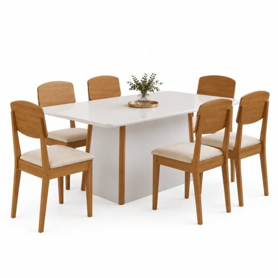 Alternative view of Mesa Tilia 180 Canto Copo Off White/Off White/Naturale com 6 Cadeiras Havana Veludo Creme – RUFATO